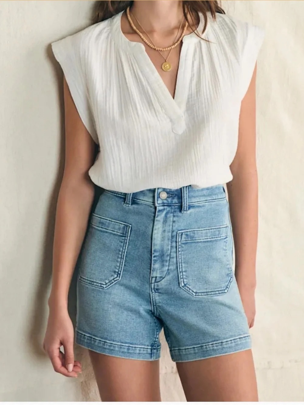 FAHERTY Stretch Terry Patch Pocket Light Blue High-Rise Denim Shorts - Picture 2 of 8